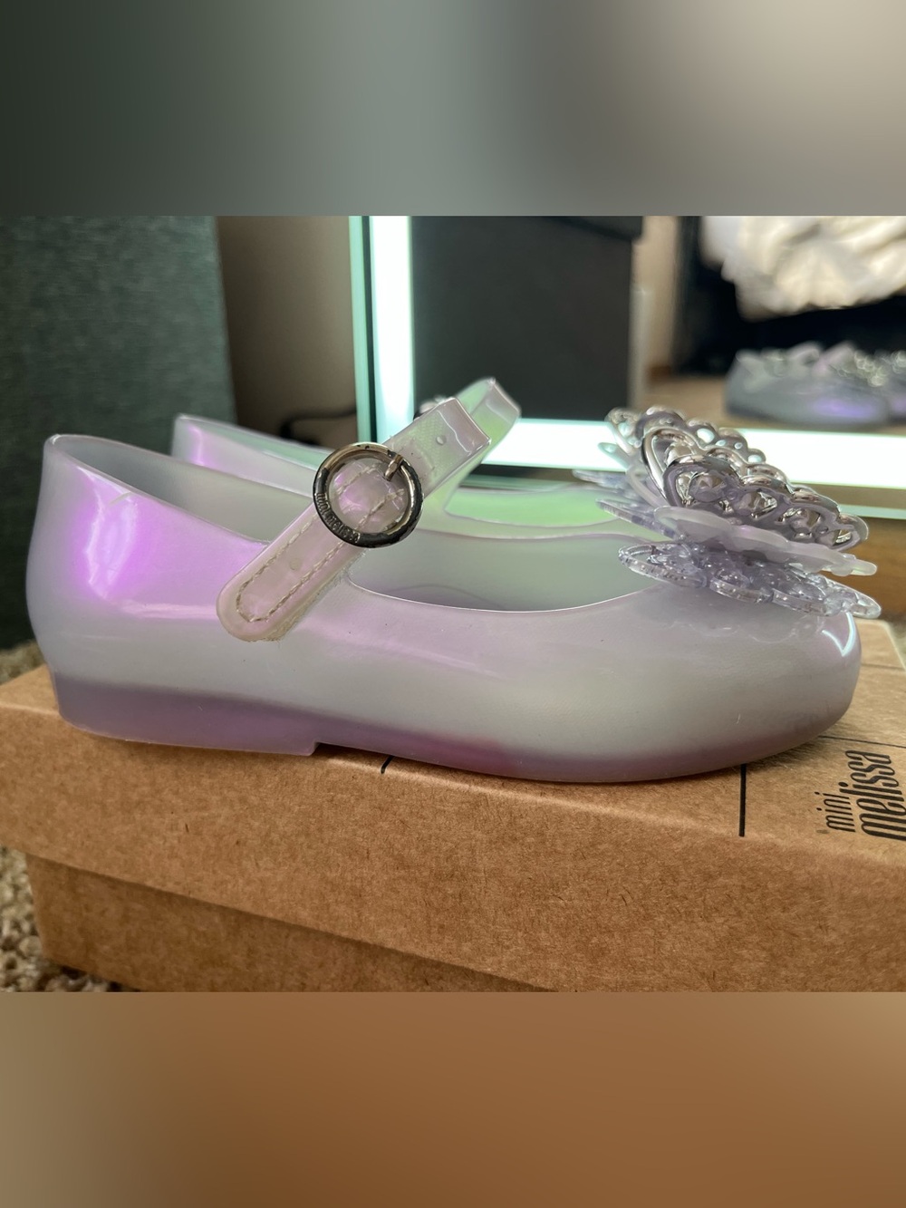 Mini Melissa Iridescent Lavender Mary Janes with Silver Butterfly - Picture 2 of 11